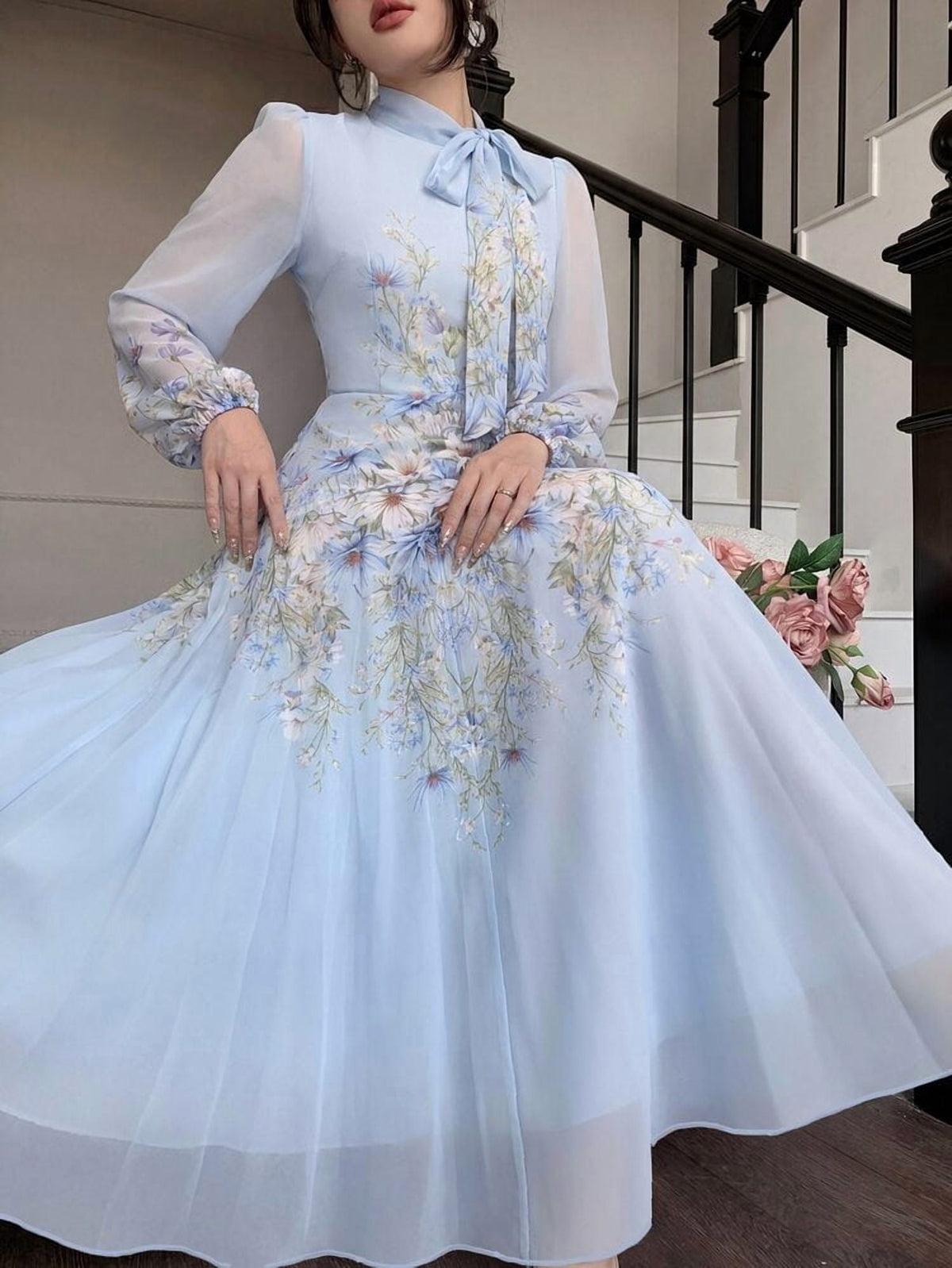 thumbnail image 6 of Blue Floral Embroidered Long Sleeve Midi Dress with Bow Neck, 6 of 8