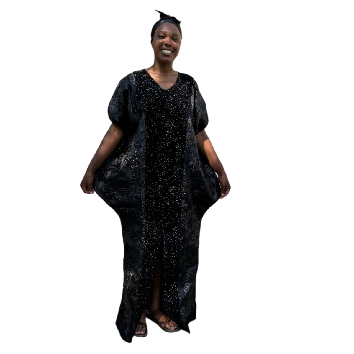 thumbnail image 1 of African Unique Rich Aunty Black Damask Brocade Boubou/Maxi Dress, 1 of 6