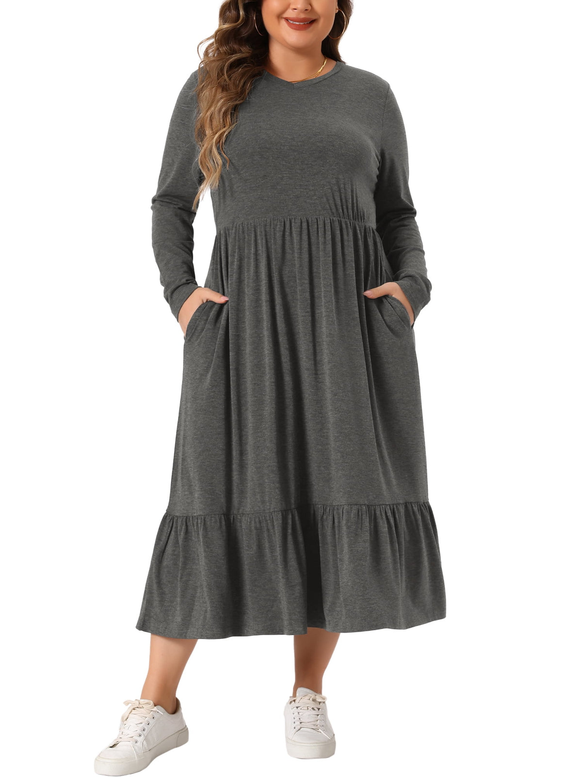 thumbnail image 1 of Agnes Orinda Women's Plus Size Easter Dress Long Sleeve Tiered A Line Dresses with Pockets 3X Gray, 1 of 5