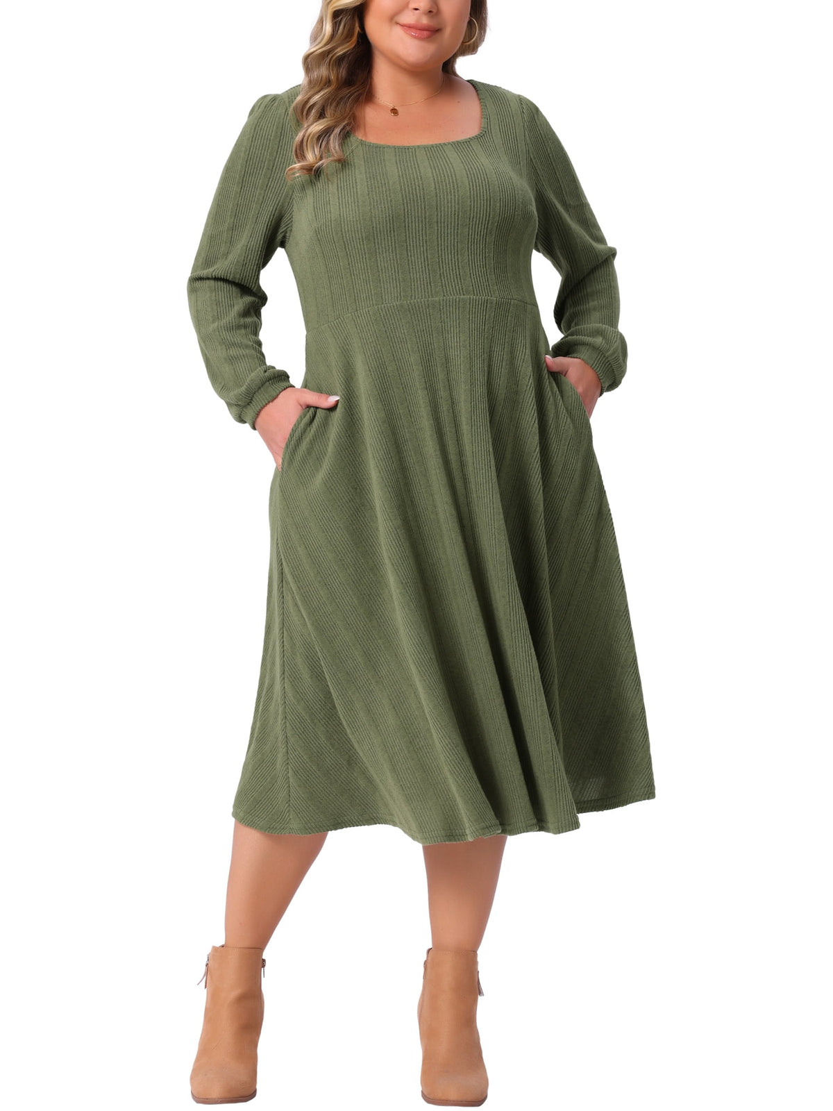 thumbnail image 1 of Agnes Orinda Women's Plus Size Halloween Outfits Long Sleeve Dress Square Neck Pockets Casual Flowy A Line Midi Knit Dresses 1X Army Green, 1 of 6