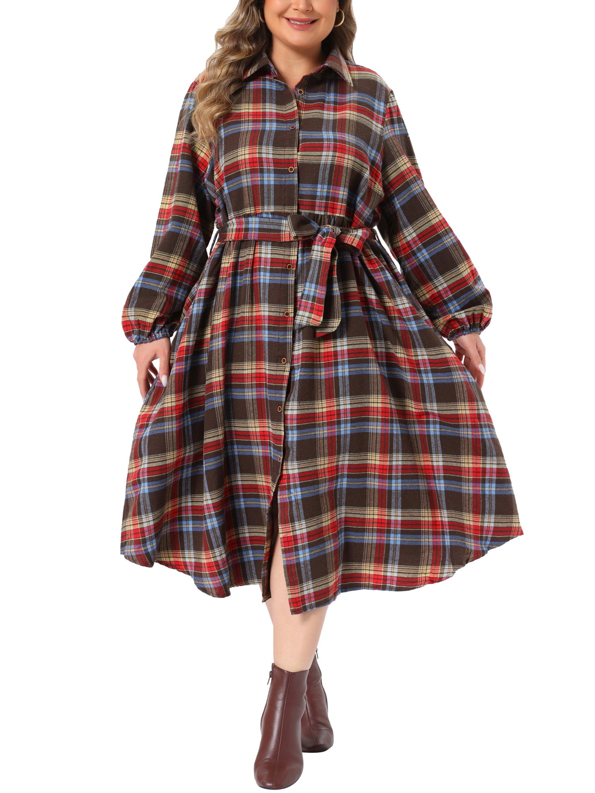thumbnail image 1 of Agnes Orinda Women's Plus Size Halloween Outfits Shirt Dress Single Breasted Belted Plaid Curved Hem Long Sleeves Fall Casual Dresses with Pockets 3X Khaki, 1 of 8