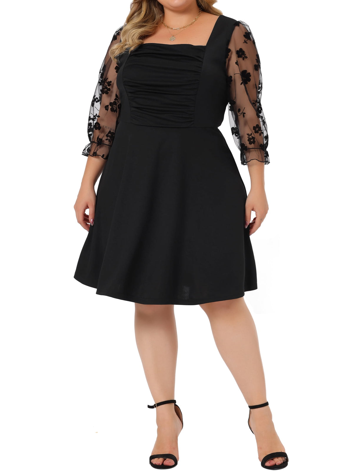 thumbnail image 1 of Agnes Orinda Women's Plus Size Halloween Outfits Square Neck 3/4 Mesh Sleeves Pleated Flowy A-Line Midi Dress 1X Black, 1 of 8