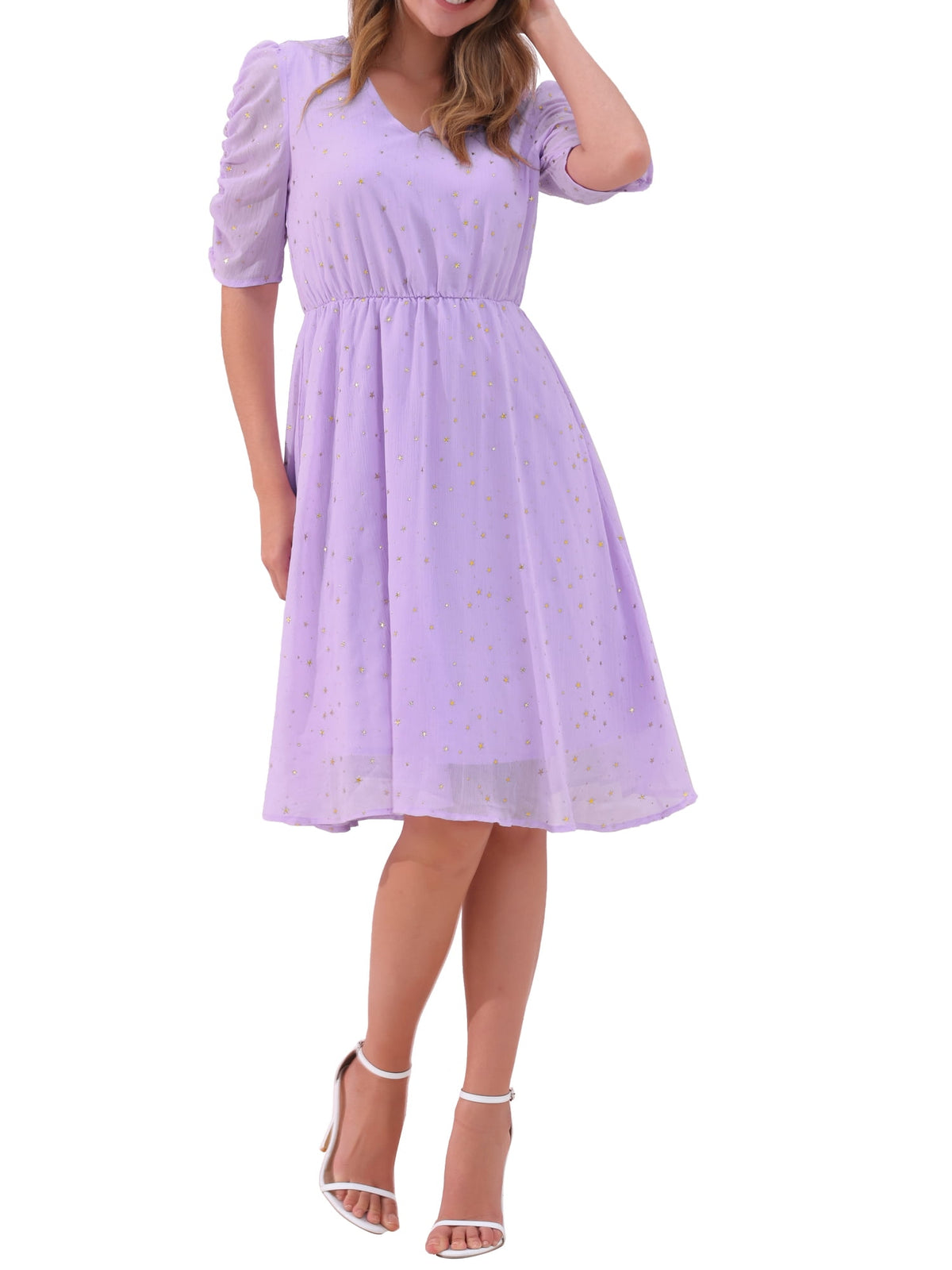 thumbnail image 1 of INSPIRE CHIC Women's Dress Chiffon Metallic Stars Ruched Sleeve V Neck A-line Dress L Purple, 1 of 6