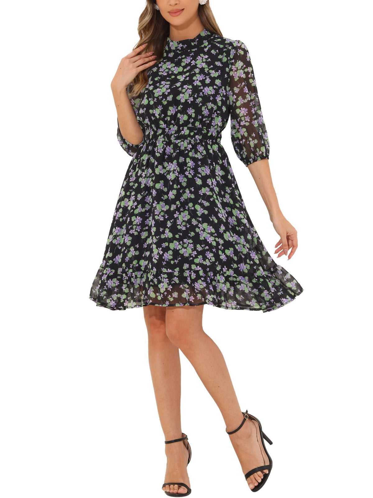 thumbnail image 1 of INSPIRE CHIC Floral A-Line Dress for Women's Casual Mock Neck Fit and Flare Chiffon Dress M Black, 1 of 6