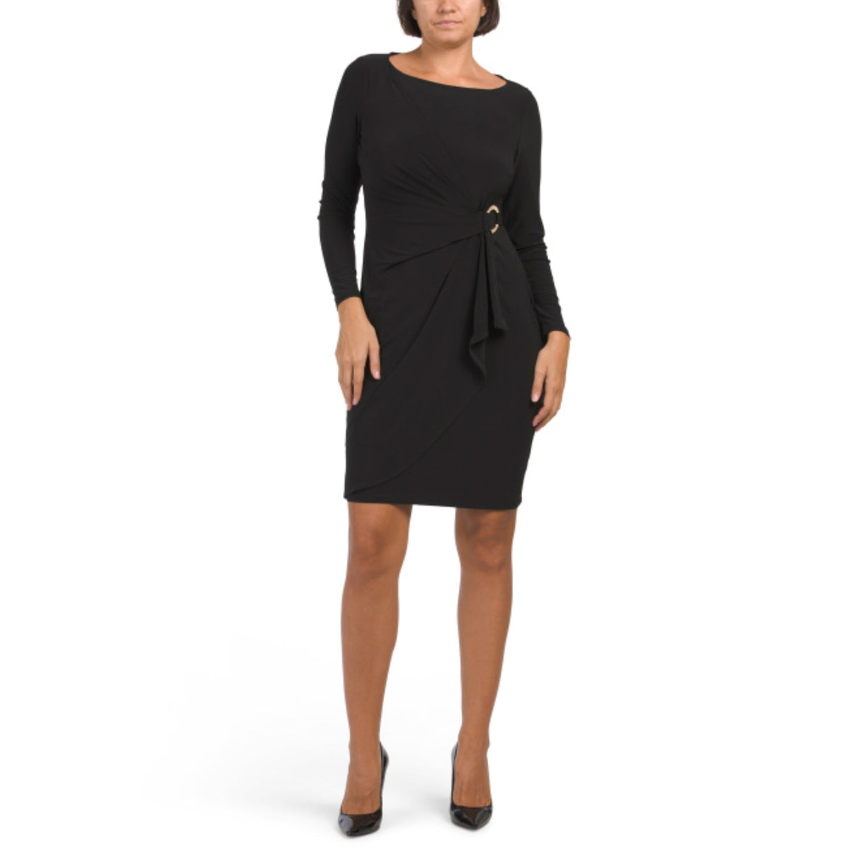 thumbnail image 1 of Anne Klein Women's Donna Long Sleeve draped side Overlap Mini Dress-Black / 8, 1 of 5