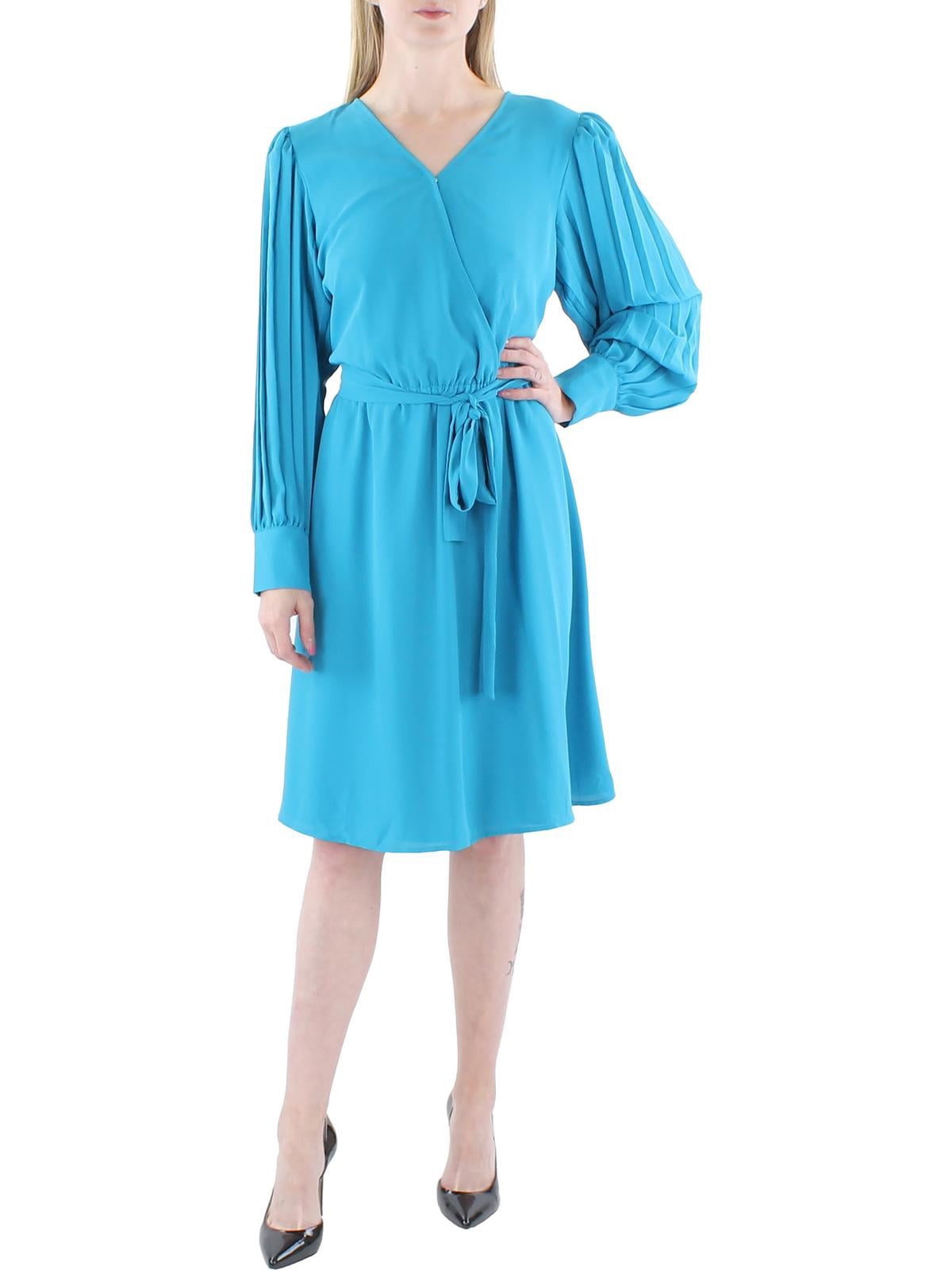 thumbnail image 1 of Anne Klein Womens V-Neck Pleated-Long-Sleeve Dress Teal Ocean M, 1 of 2