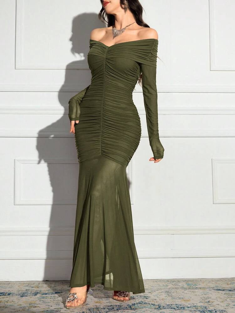 thumbnail image 1 of Army Green Off Shoulder Long Sleeve Ruched Fishtail Maxi Dress, 1 of 6