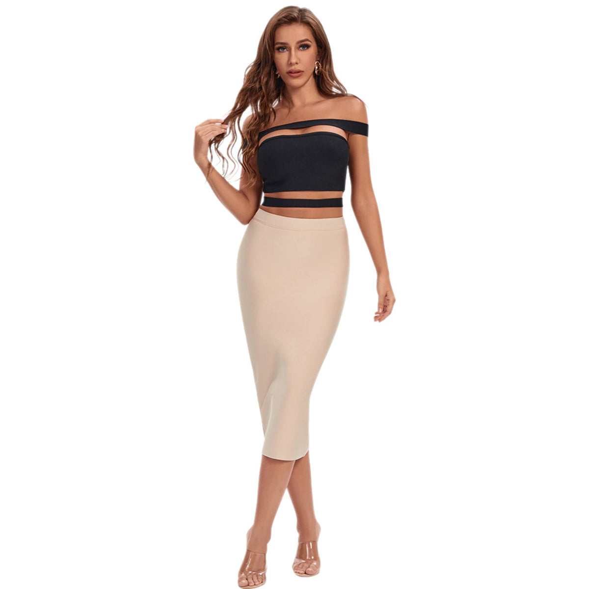 thumbnail image 1 of BEAUKEY Women's Cut Out Bodycon Black Top Camis Summer Party Club Khaki Dress Split 2 Piece Sets, 1 of 6
