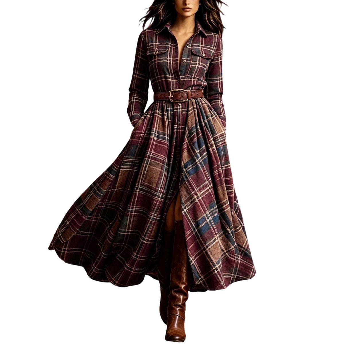thumbnail image 1 of BRGZLK Maxi Dresses for Women Fall Winter Retro Lapel Button Down Long Sleeves Plaid Maxi Shirt Dress A-Line Flowy Casual Dress with Pockets & Belt Red XL, 1 of 6