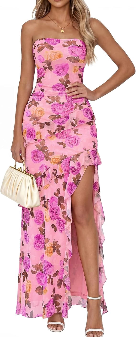 thumbnail image 1 of BTFBM Off The Shoulder Dresses for Women Summer Strapless Ruffle Slit Formal Wedding Guest Dress Cocktail Party, 1 of 10