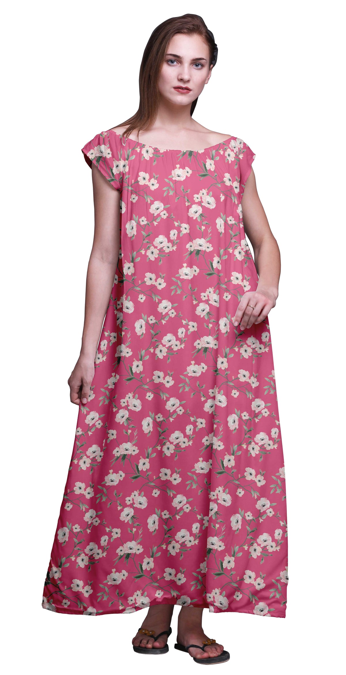 thumbnail image 1 of Bimba Printed Long Maxi Dress For Women Rayon Sleepwear Short Sleeve Nightgown, 1 of 4