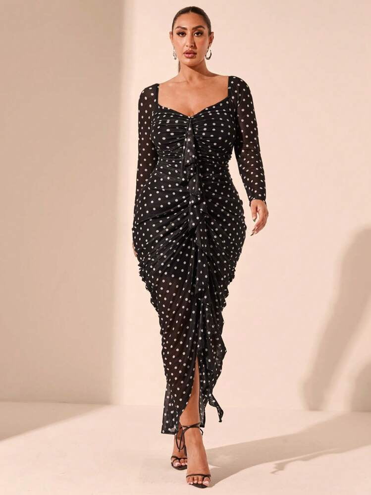 thumbnail image 1 of Black Long Sleeve Ruched Maxi Dress with Polka Dot Print, 1 of 7