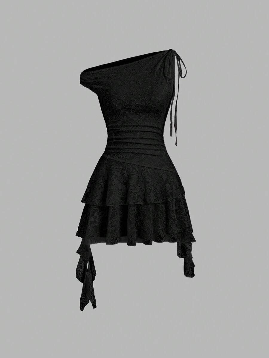 thumbnail image 1 of Black One-Shoulder Asymmetric Lace Peplum Mini Dress With Tie Details For Women, 1 of 6