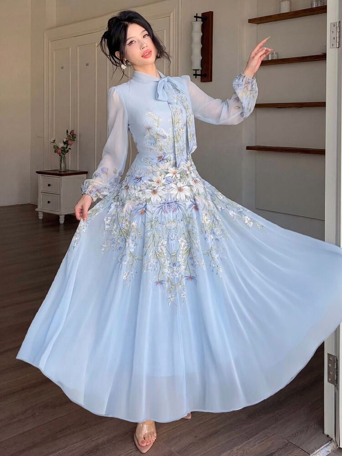 thumbnail image 1 of Blue Floral Embroidered Long Sleeve Midi Dress with Bow Neck, 1 of 8