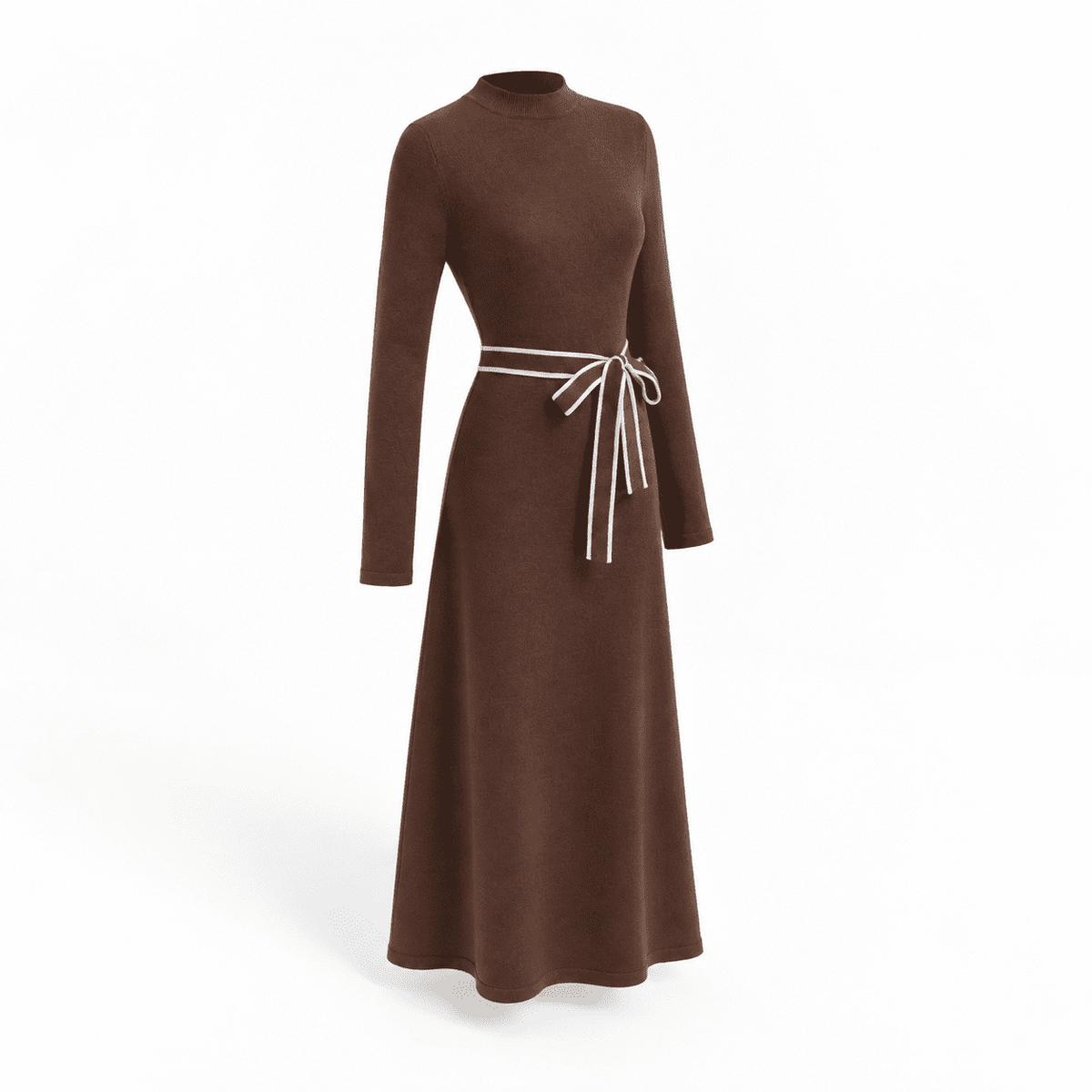 thumbnail image 1 of Brown Large Women's Solid Long Sleeve Turtleneck Work Maxi Dress, 1 of 5