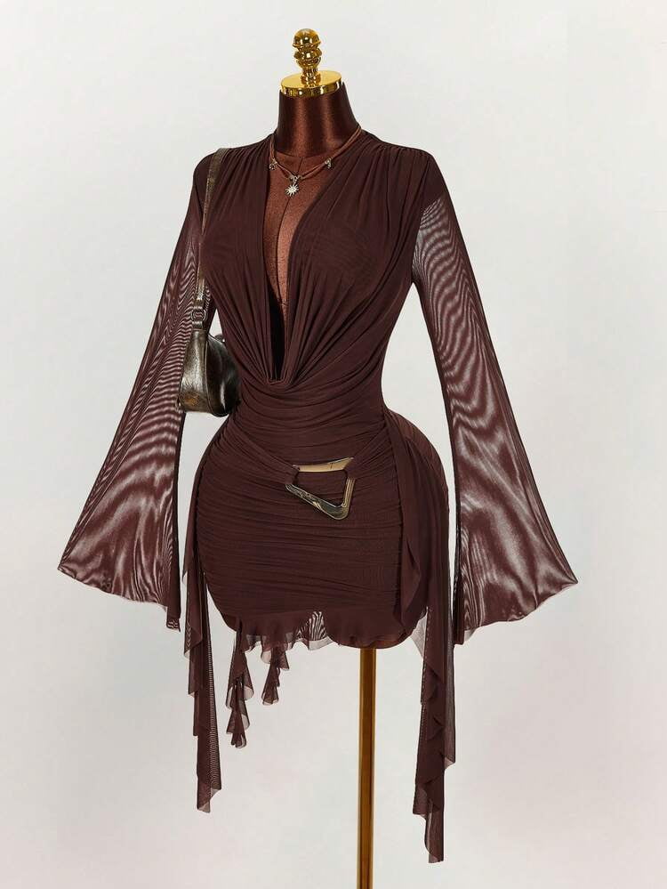 thumbnail image 1 of Brown Long Sleeve Mesh Mini Dress with Ruffle Hem, 1 of 10