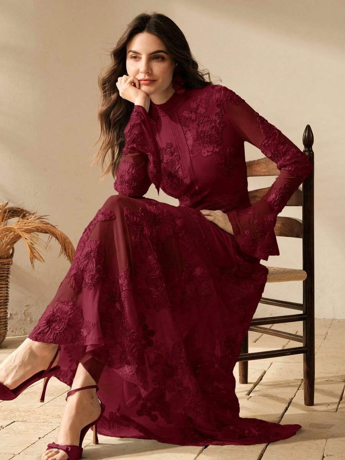 thumbnail image 1 of Burgundy Floral Embroidered High-Neck Long Sleeve Maxi Dress For Women, 1 of 14