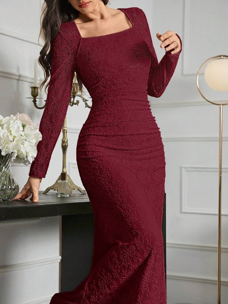thumbnail image 1 of Burgundy Lace Long Sleeve Square Neck Fitted Evening Dress, 1 of 6
