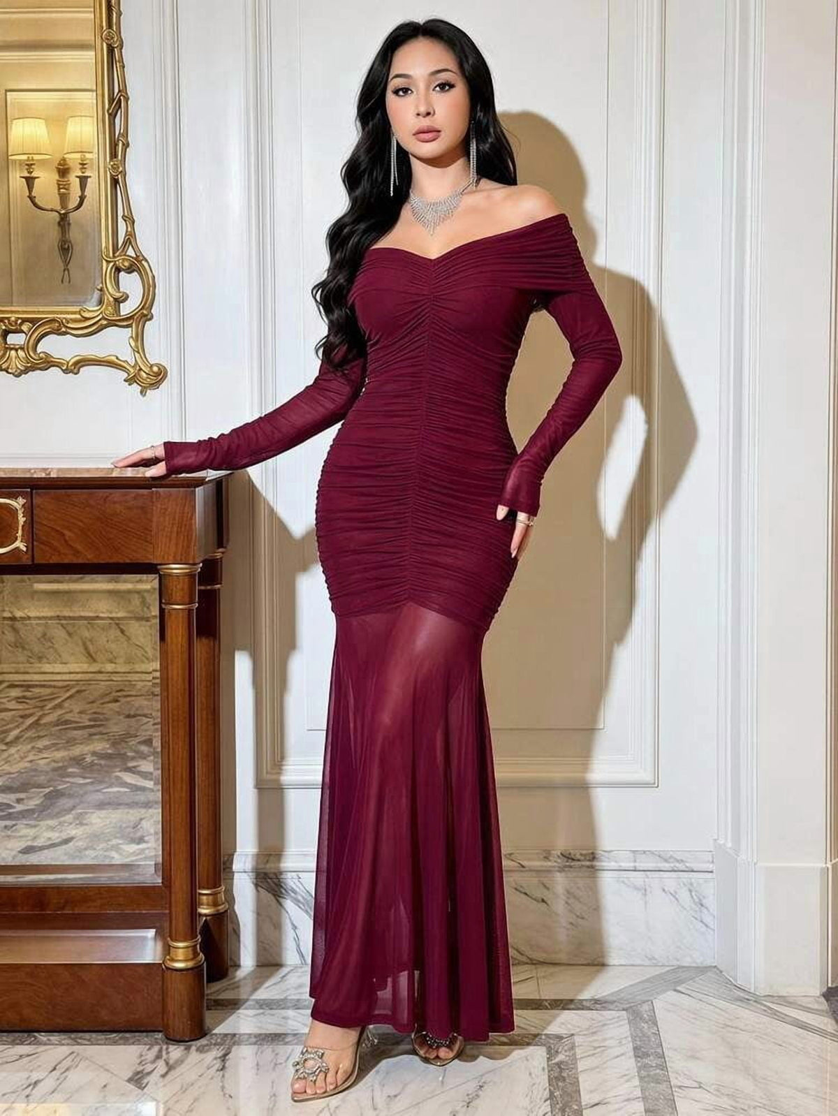 thumbnail image 1 of Burgundy Off Shoulder Long Sleeve Ruched Fishtail Maxi Dress, 1 of 6