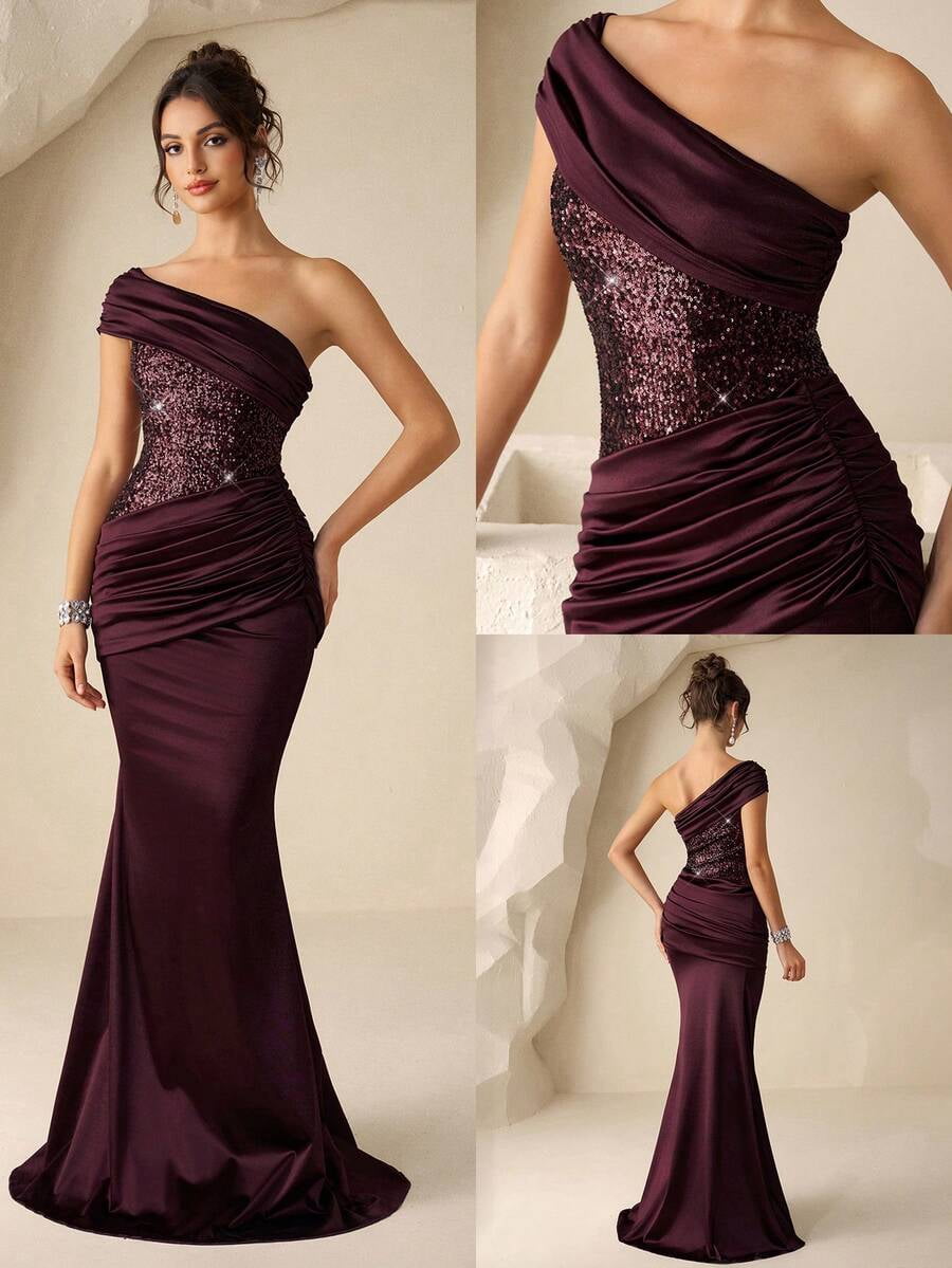 thumbnail image 1 of Burgundy One-Shoulder Sequin Bodice Mermaid Satin Evening Gown, 1 of 30