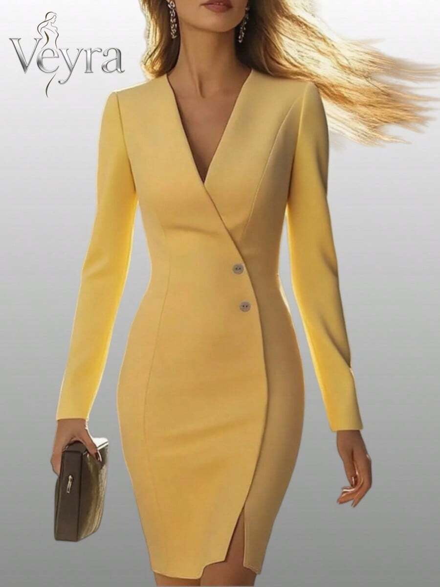 thumbnail image 1 of Butter Yellow V-Neck Wrap Sheath Midi Dress With Side Slit And Buttons, 1 of 24