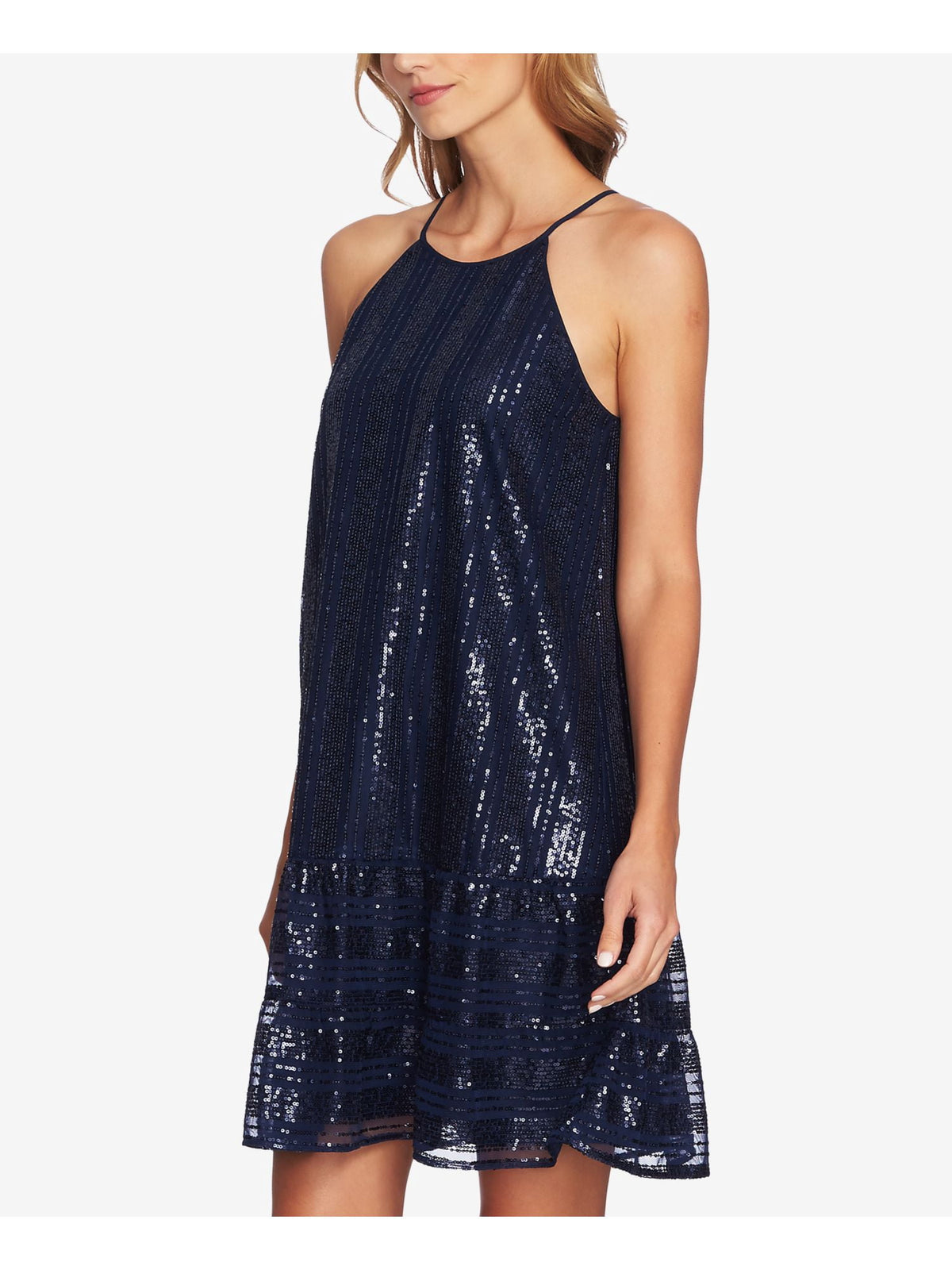 thumbnail image 1 of CECE $129 Womens New 1651 Navy Ruffled Sequined Halter Shift Dress L B+B, 1 of 3