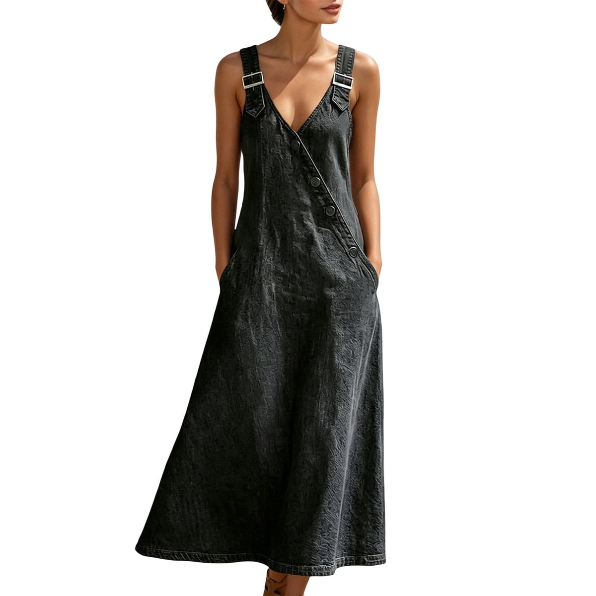 thumbnail image 1 of Casual Dresses Women's Collar Button Denim Dress V Neck Sleeveless Loose Fit Casual Long Dress Overalls Solid Black XL, 1 of 6