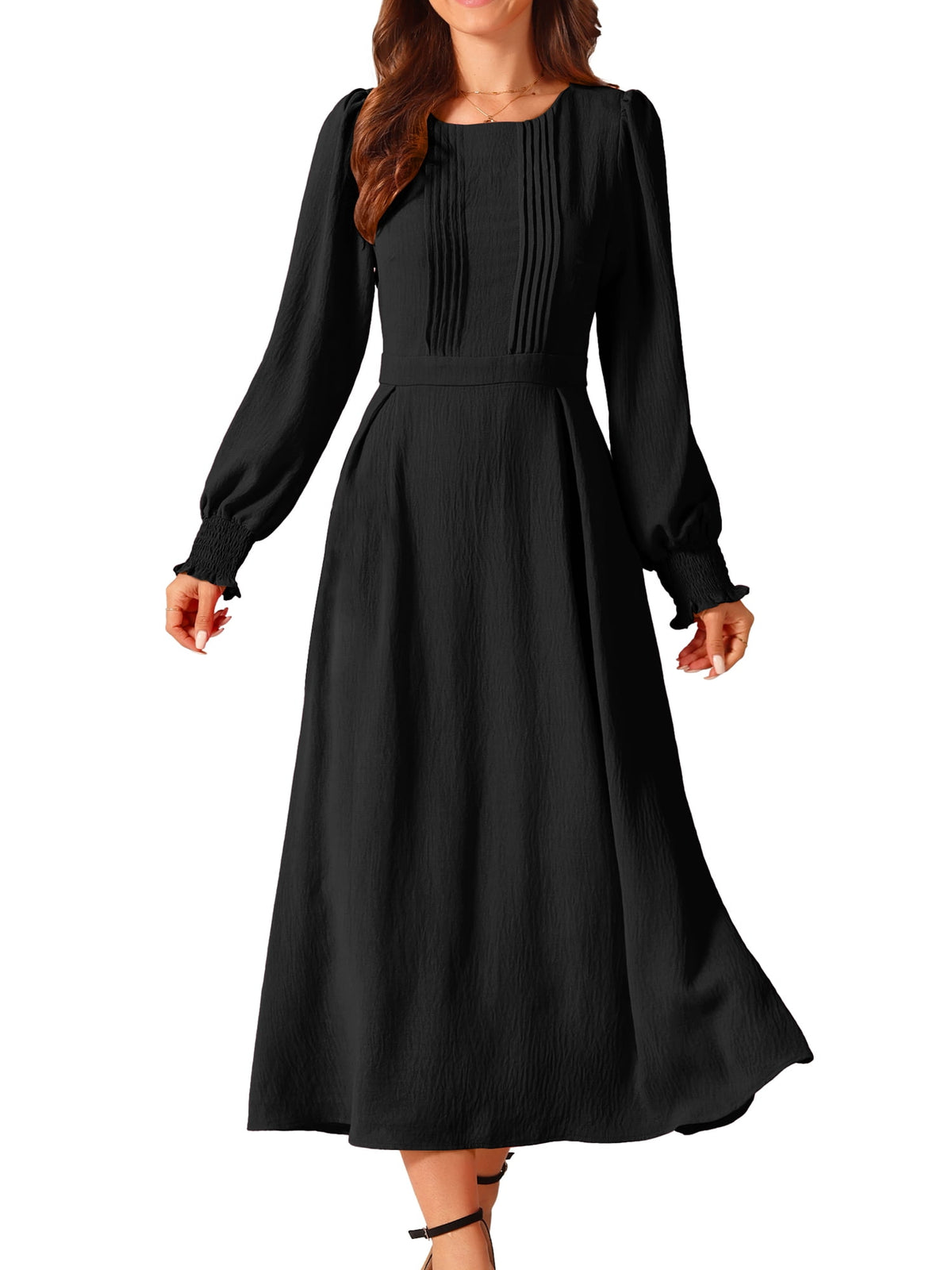 thumbnail image 1 of DARING DIVA Frilled Crewneck Long Sleeve Midi Fall Dress XL Black, 1 of 8