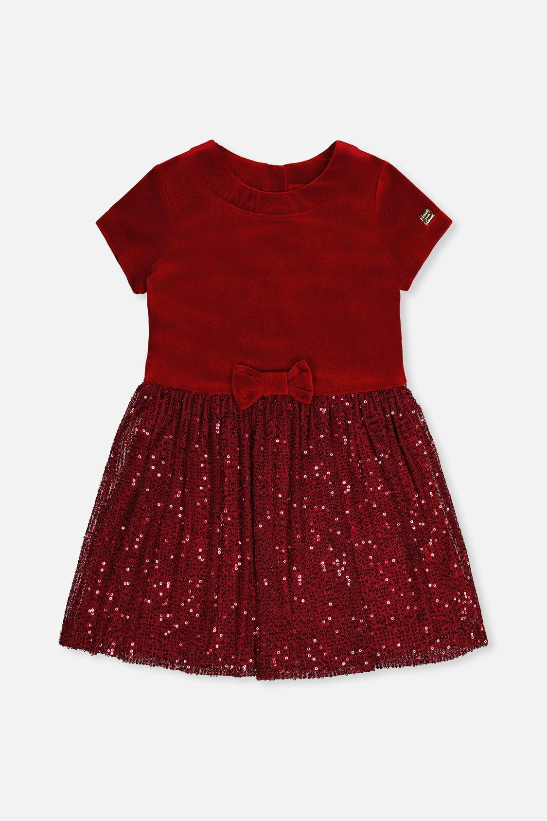 thumbnail image 1 of Deux Par Deux Girl Bi-Material Short Sleeve Dress With Glittering Skirt Red, 1 of 6