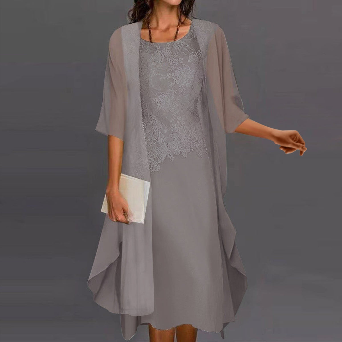 thumbnail image 1 of Dresses for Women Casual Fashion Elegant Lace Chiffon Pure Color Two Piece Lace Sun Dress Grey L, 1 of 6