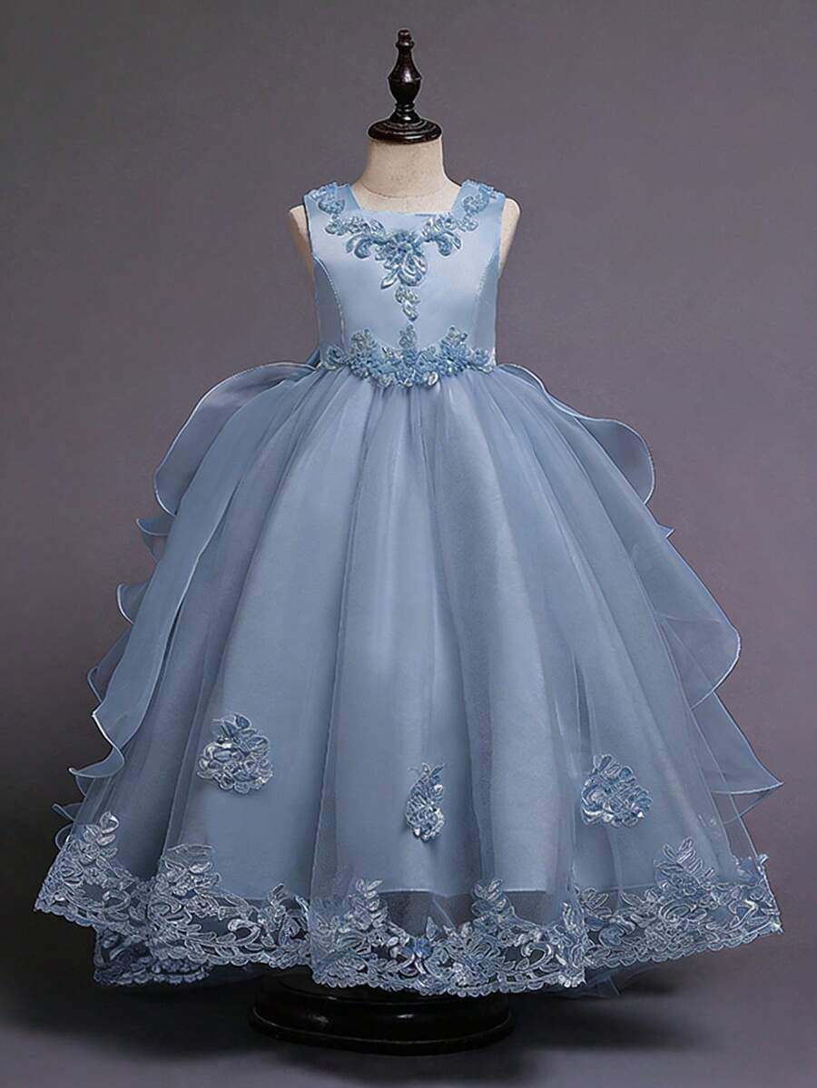 thumbnail image 1 of Dusty Blue Ball Gown Dress With Lace Embellishment And Puffy Tulle Skirt, 1 of 30