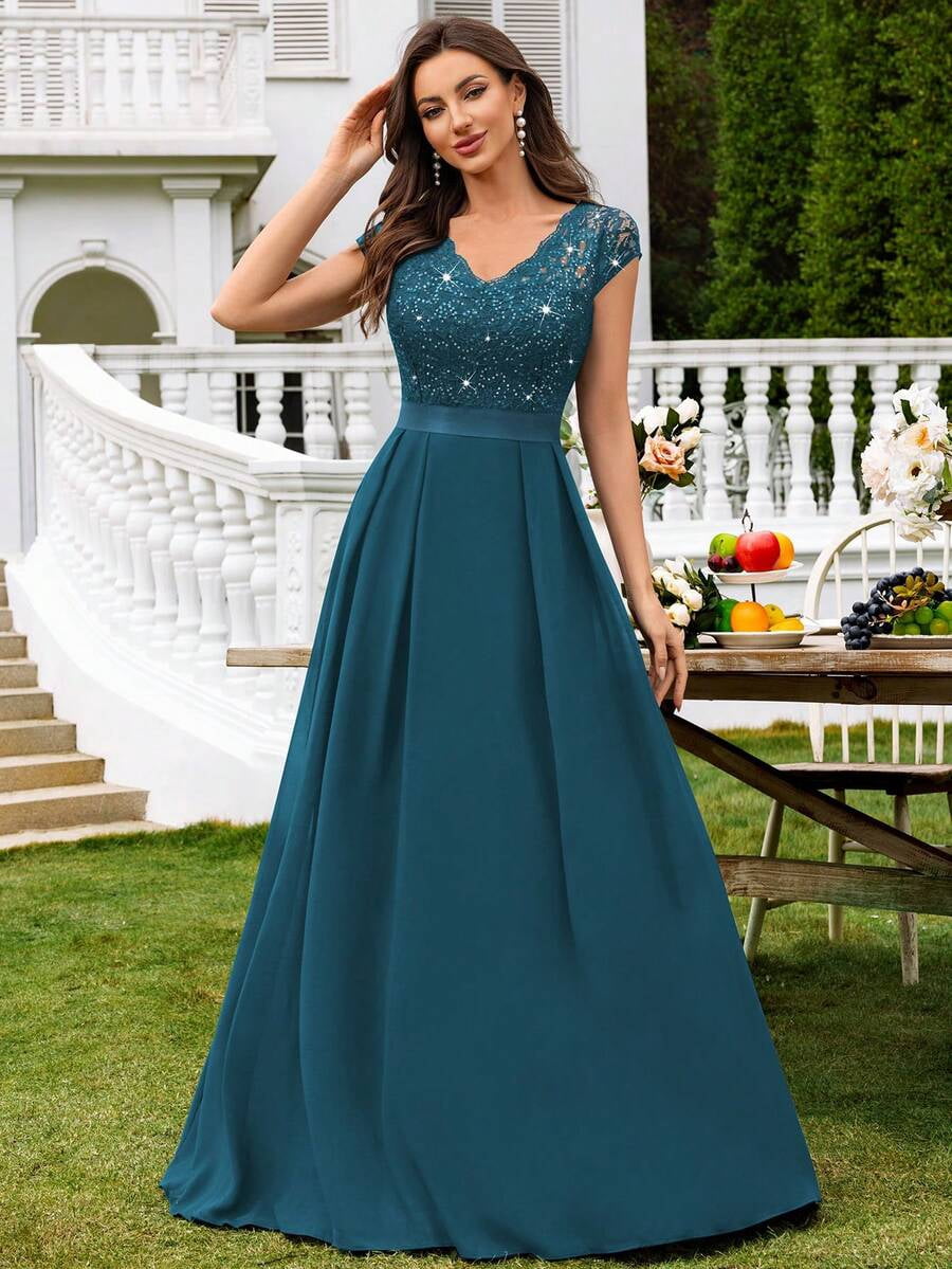 thumbnail image 1 of Dusty Blue V-Neck Sequin Lace Short Sleeve A-Line Evening Gown, 1 of 28