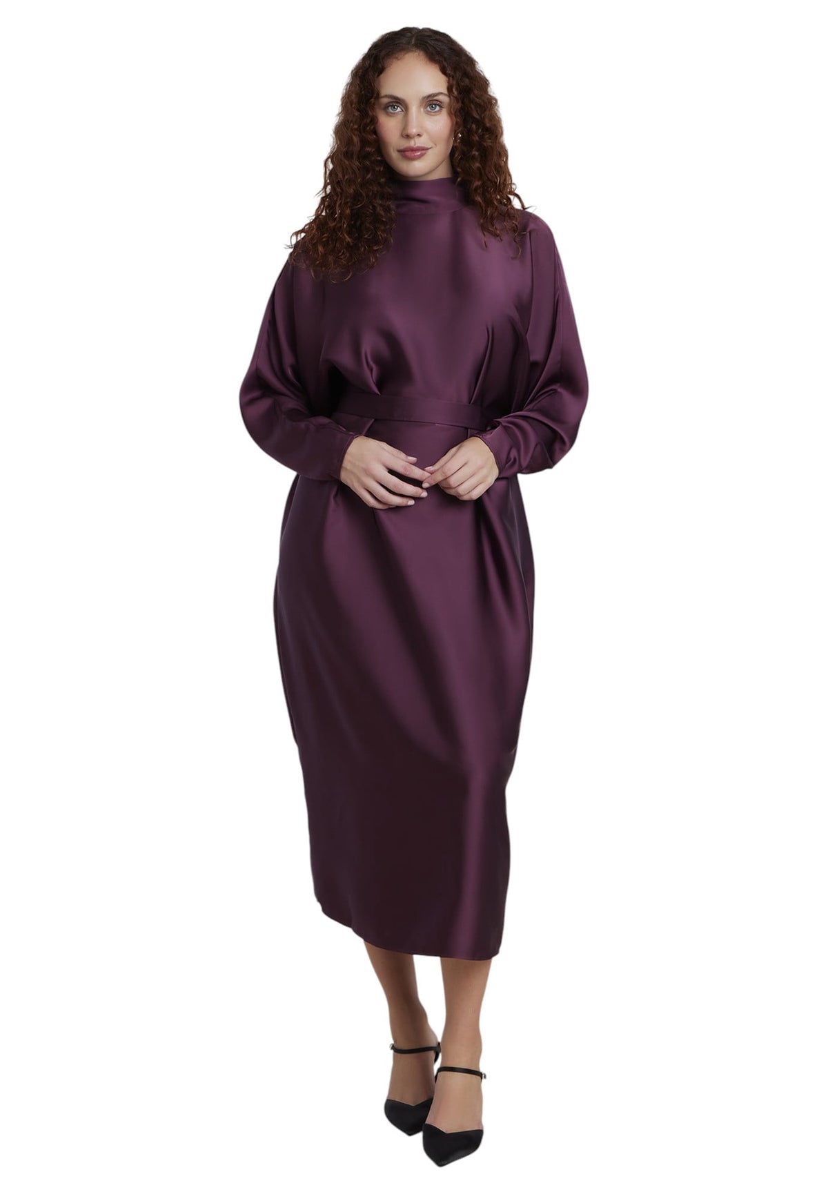 thumbnail image 1 of ELOQUII Women's Plus Size Dramatic Draped Satin Midi Dress, 1 of 3