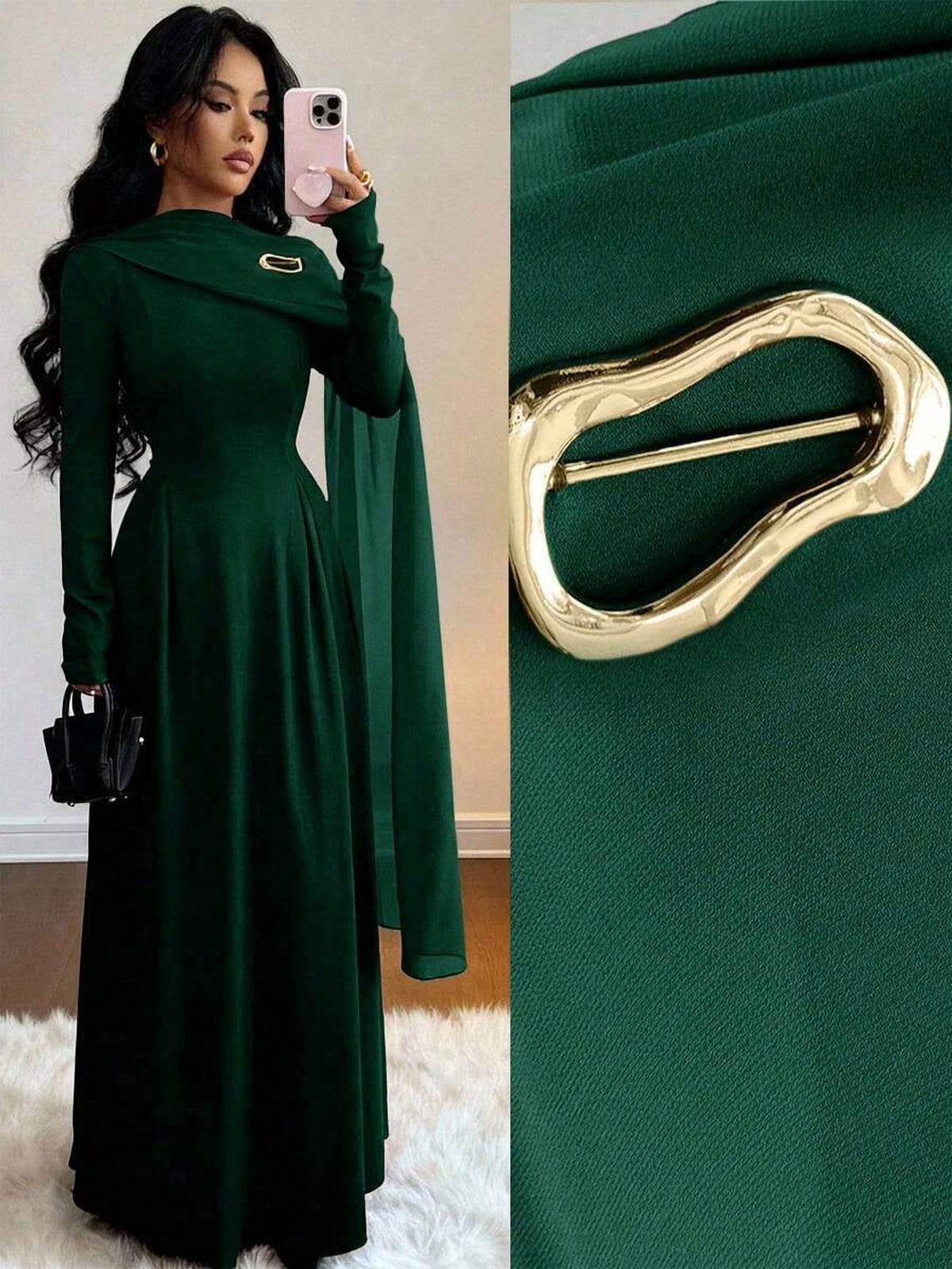 thumbnail image 1 of Elegant Dark Green Chiffon Patchwork High Neck Long Sleeve A-Line Dress, 1 of 6