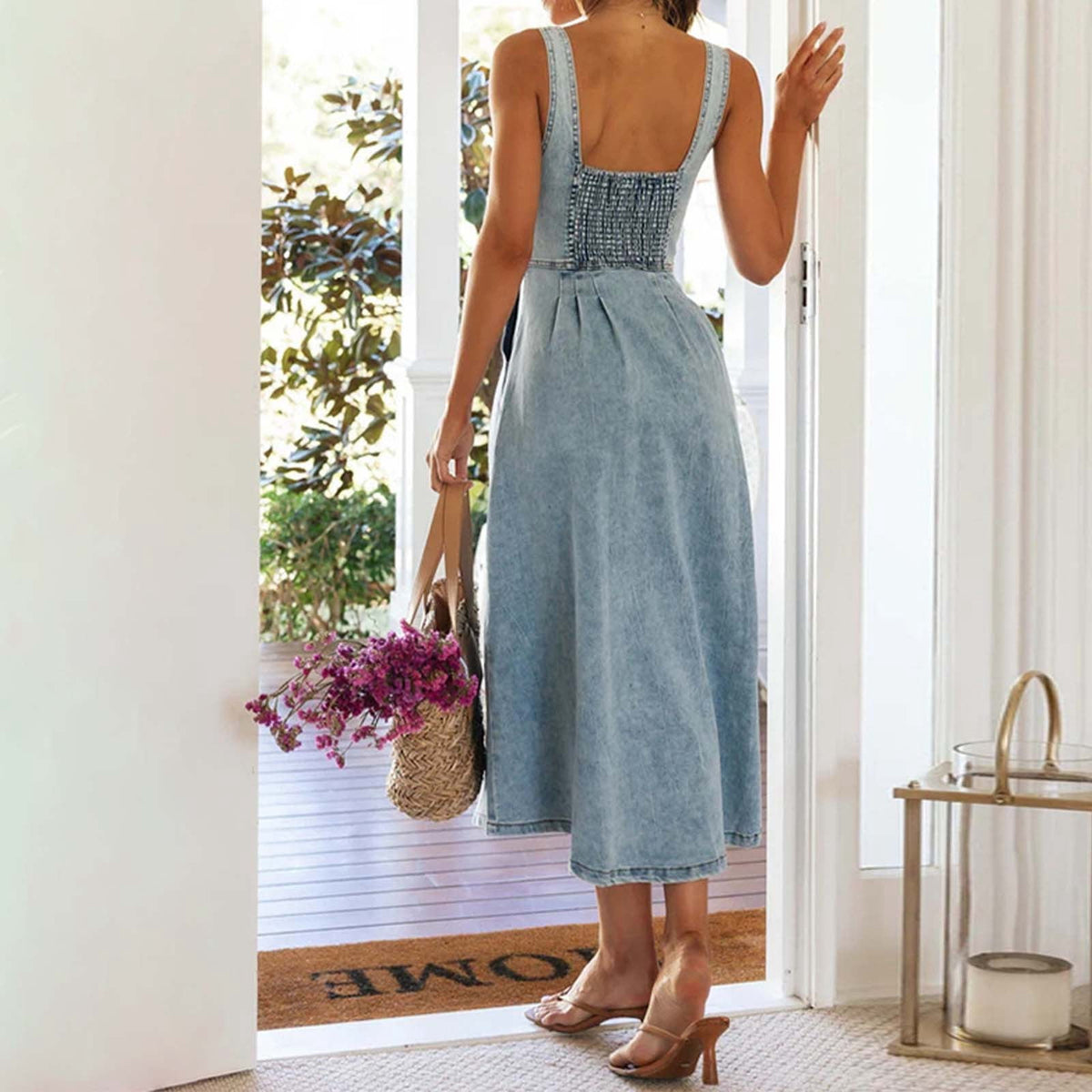 thumbnail image 1 of EliteGoogv Womens Denim Dresses Spaghetti Strap Button Front Maxi Dresses For Women Relaxed Fit Frayed Hem Summer Dresses Spring Vacation Casual Dresses Blue, 1 of 5
