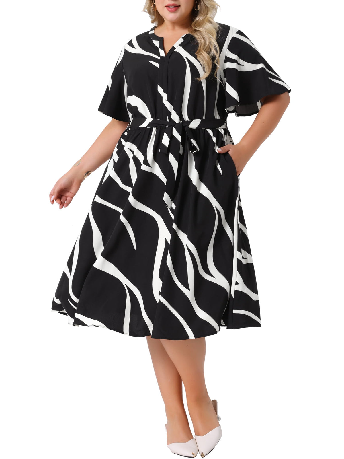 thumbnail image 1 of Agnes Orinda Women's Plus Size Dress Printed Notched Neck Short Sleeve Tie Knot Casual Business A Line Midi Dresses with Pockets 3X Black, 1 of 5