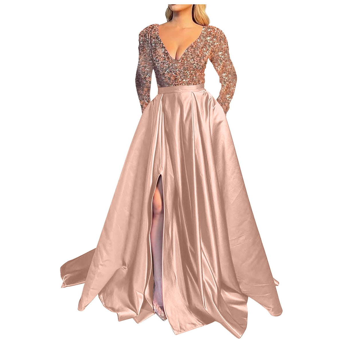 thumbnail image 1 of Homecoming Dresses for Teens Fashion Summer Hemline Satin Finish V Neck Long Sleeved Sequin Dress, 1 of 6