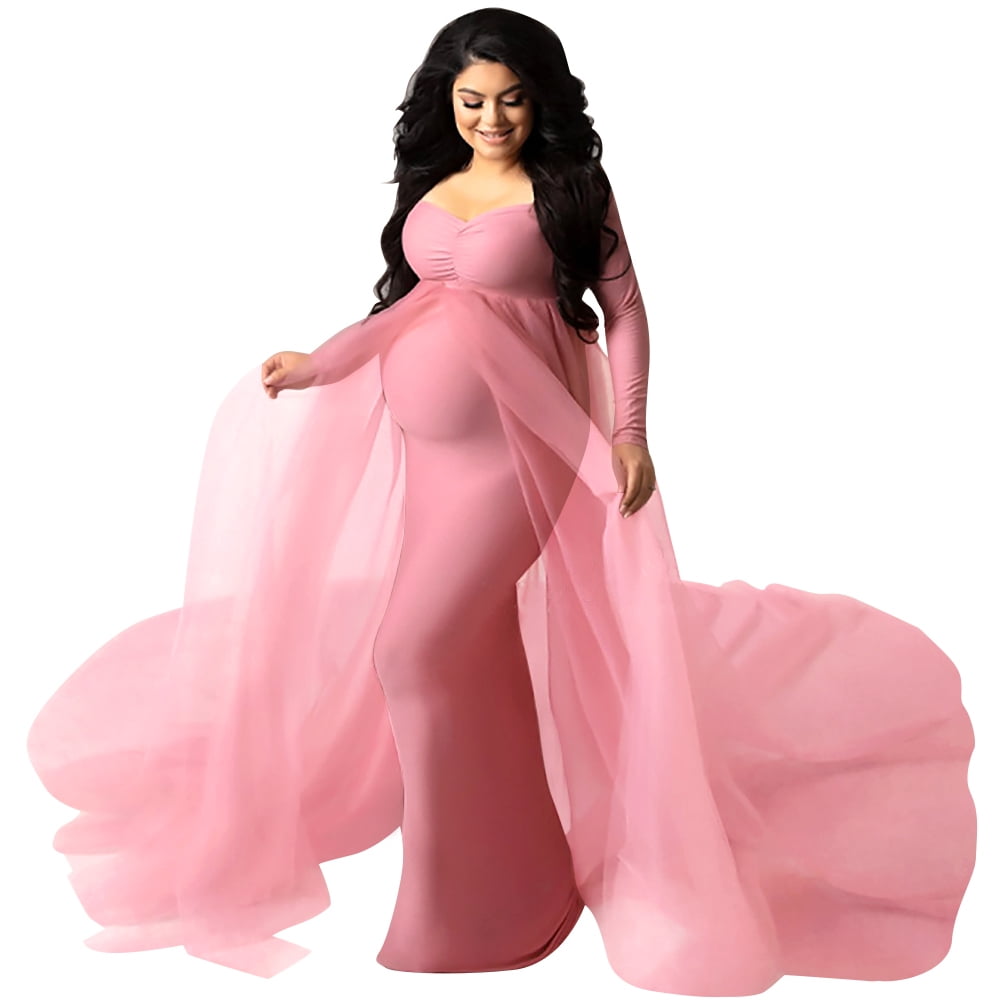 thumbnail image 1 of IBTOM CASTLE Pregnant Women Elegant Maternity Off Shoulders Half Circle Mermaid Chiffon Fitted Gown Slim Maxi Photography Dress L Pink, 1 of 8