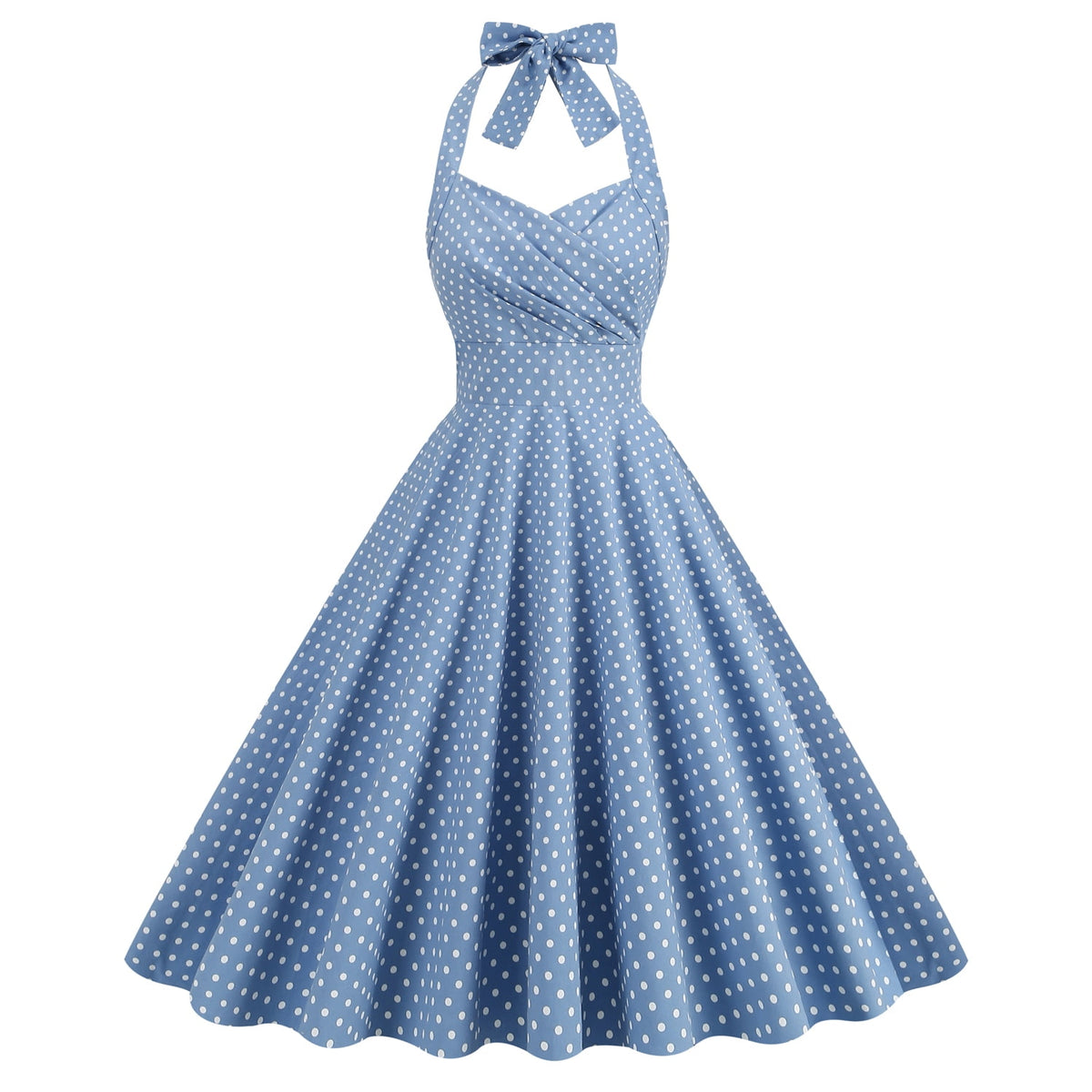 thumbnail image 1 of IBTOM CASTLE Women Vintage 1950s Halter Pink Gingham Polka Dots Swing Dress Cocktail Party Rockabilly Pinup Dresses XL Light Blue + White Dots, 1 of 8