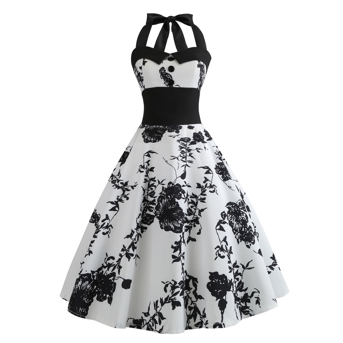 thumbnail image 1 of IBTOM CASTLE Women Vintage 50's 60's Rockabilly Audrey Hepburn Tea Dress Halter Polka Dot Wedding Cocktail 1950s Party Swing Short Gown M White + Black Flower, 1 of 8