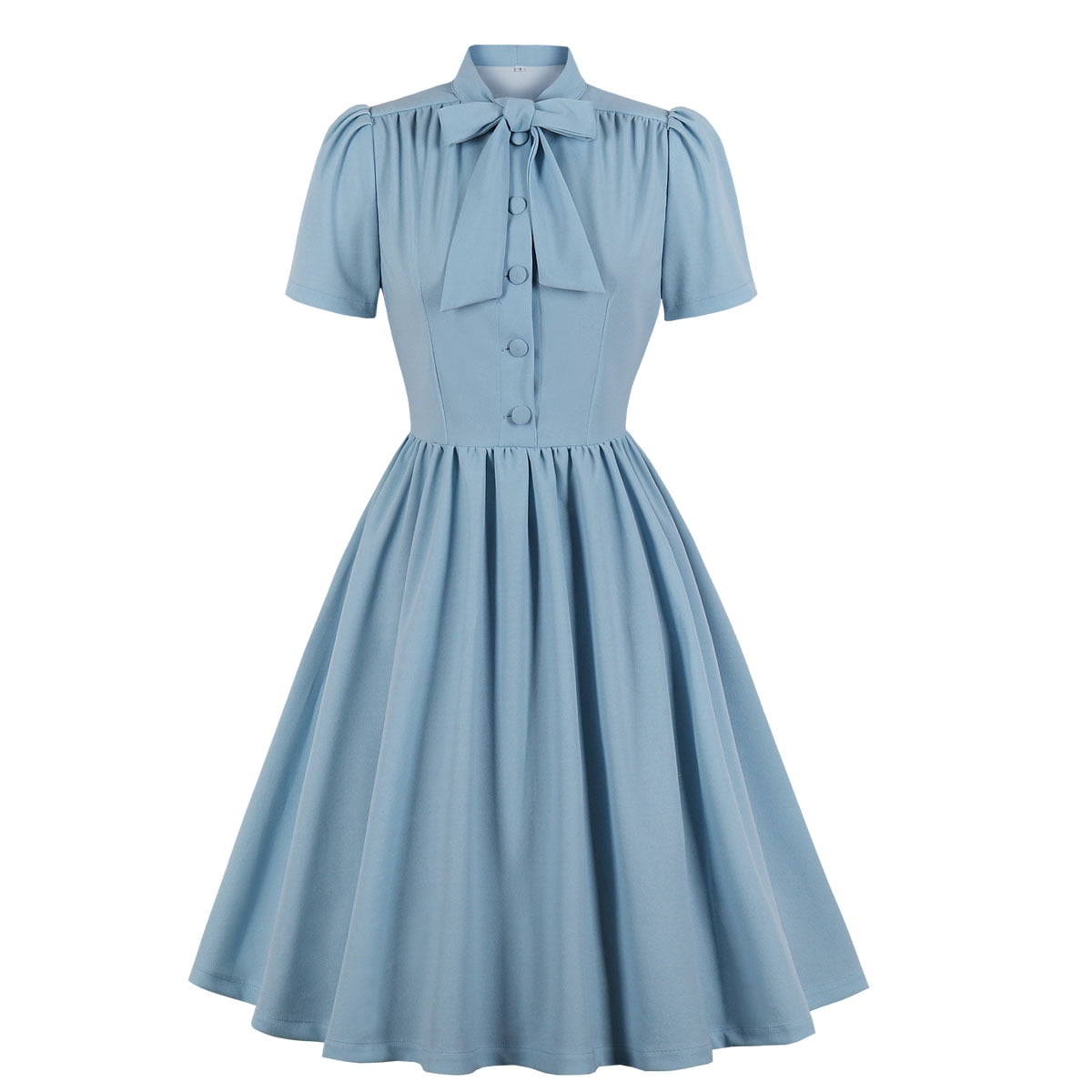 thumbnail image 1 of IBTOM CASTLE Women Vintage V Neck Ruffle Swing Dress 50s 60s Button up Rockabilly Prom Cocktail Party Midi Evening Dress S Light Blue - Bowknot, 1 of 8