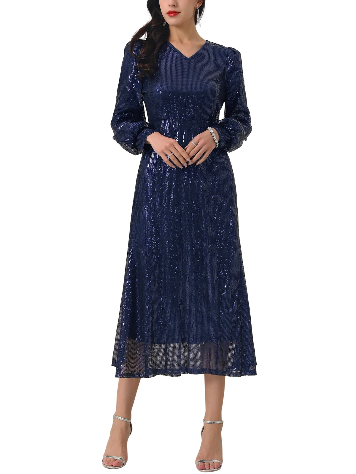 thumbnail image 1 of INSPIRE CHIC WOMLAYOUT Women's Sequin Sparkly Dresses Long Sleeve V Neck Cocktail Party Midi Dress S Deep Blue, 1 of 6