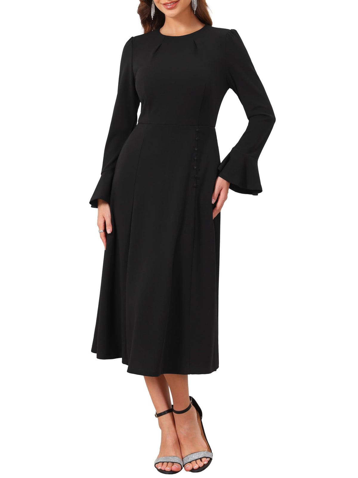 thumbnail image 1 of INSPIRE CHIC Women's Church Dresses Formal Bell Sleeve Crew Neck Knee Length A-Line Dress with Pockets S Black, 1 of 6