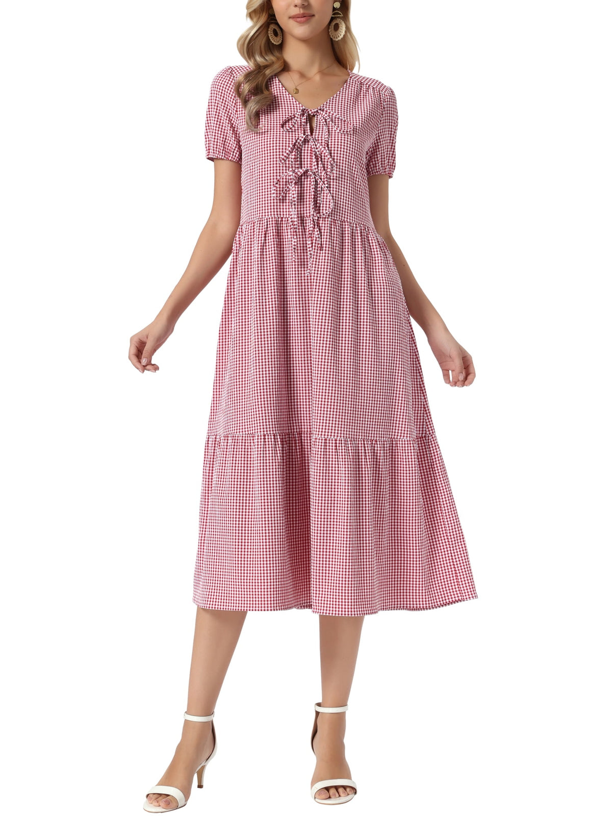 thumbnail image 1 of INSPIRE CHIC Women's Gingham Dress V Neck Short Sleeve Midi Dress XS Dark Red, 1 of 4