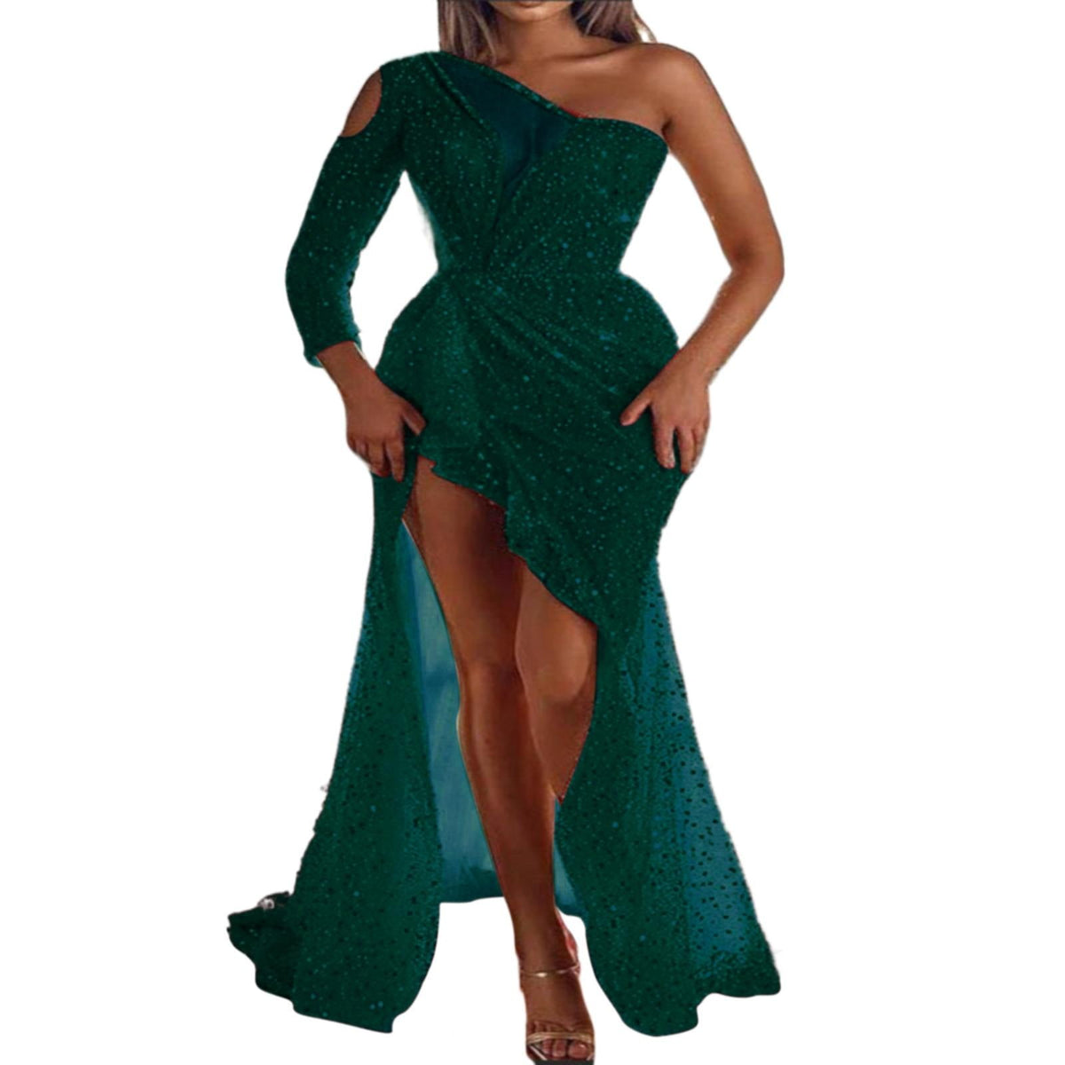 thumbnail image 1 of JBXKXYW Dresses for Women 2024 Ladies Party Sexy High Split Long Sleeve Sequin Banquet Evening Dress Womens Dresses (Green,M), 1 of 3