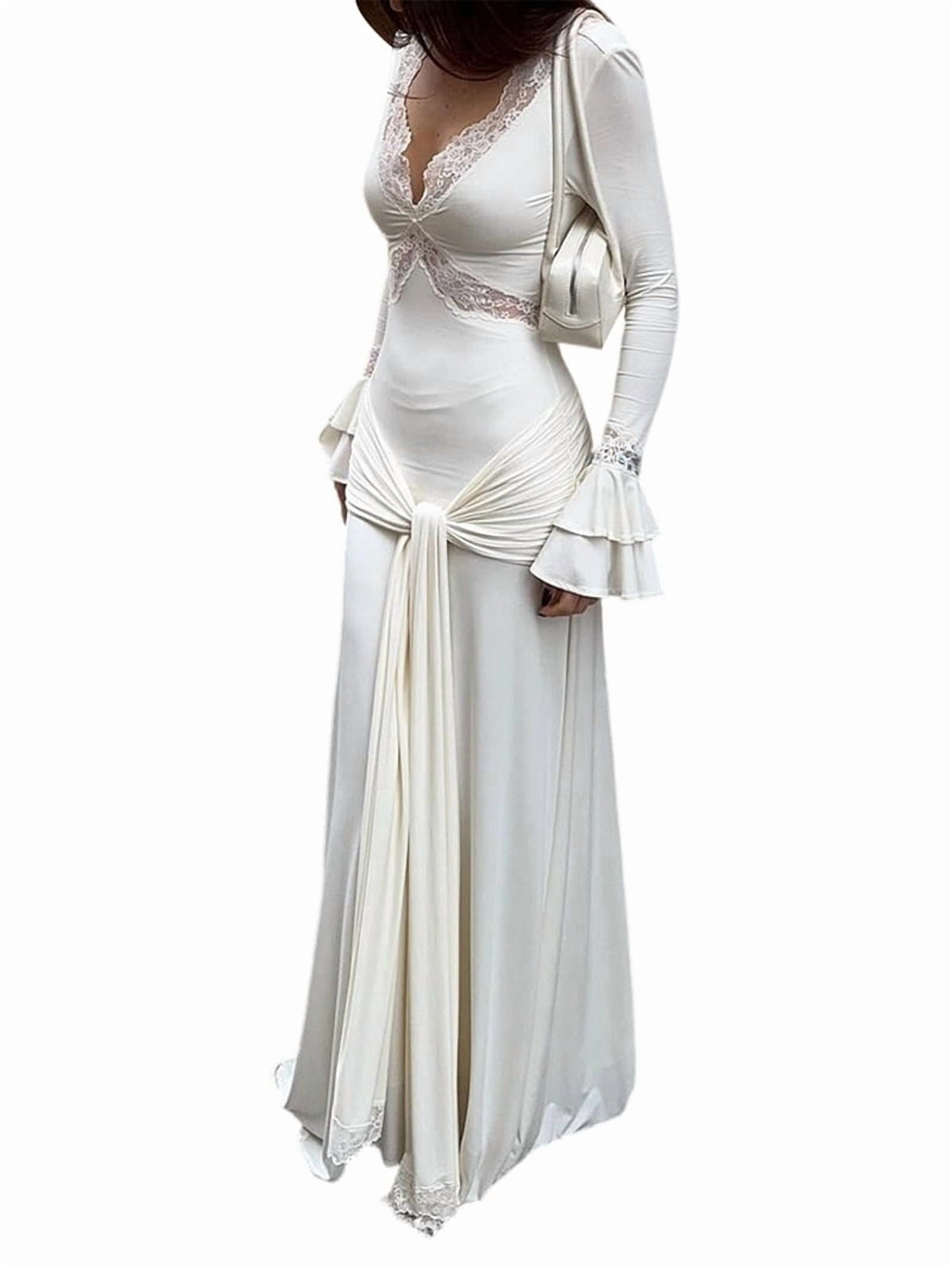 thumbnail image 1 of Jaimenalin Long Sleeve Bodycon Dress for Women V Neck Flare Sleeve Lace Maxi Dress White S, 1 of 9