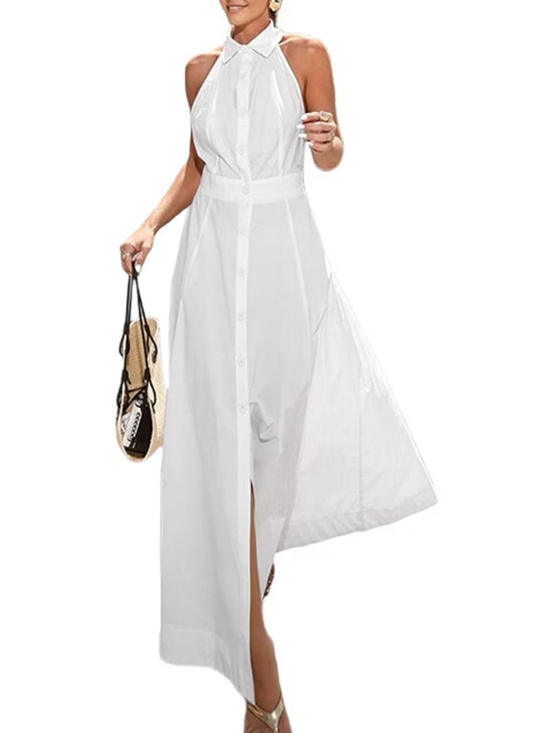 thumbnail image 1 of Katigan Women'S Maxi Dresses Halter V Neck Beach Dresses for Women A-Line Casual Dress for Vacation White S, 1 of 8