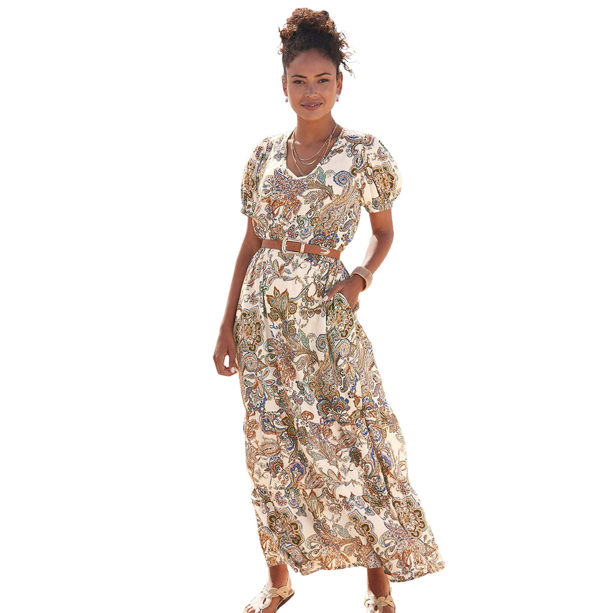 thumbnail image 1 of LASCANA Women's Paisley Puff Sleeve Maxi Dress Screen Print, 1 of 5