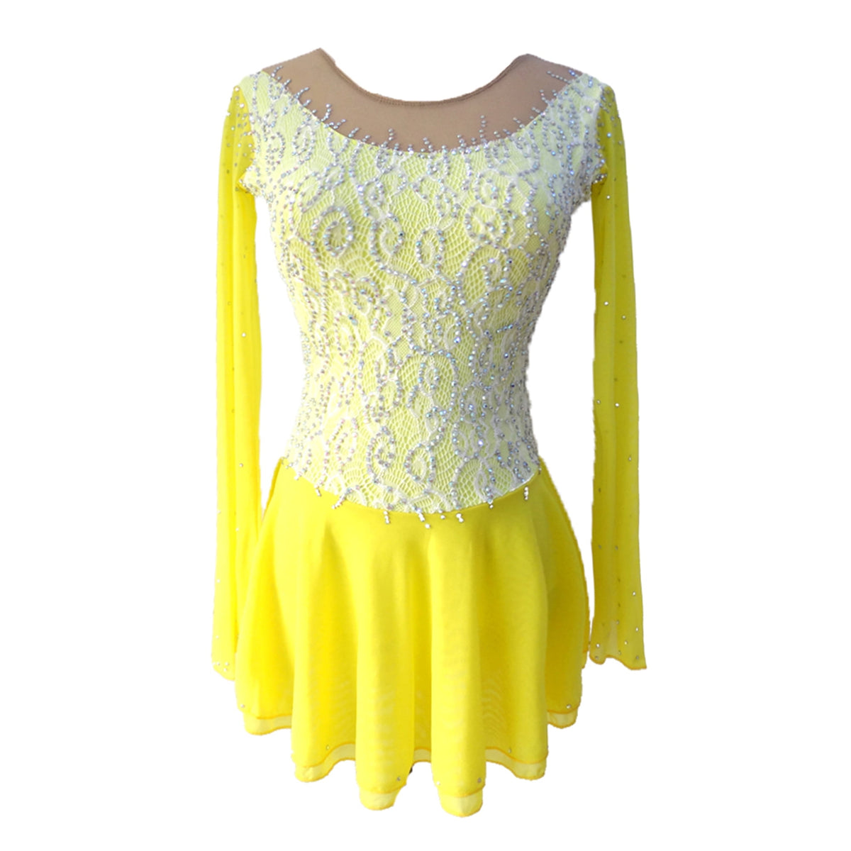 thumbnail image 1 of LIUHUO Custom Figure Skating Dress Girls Ladies Spandex Yellow with White Lace Diamond Embellishments, 1 of 7