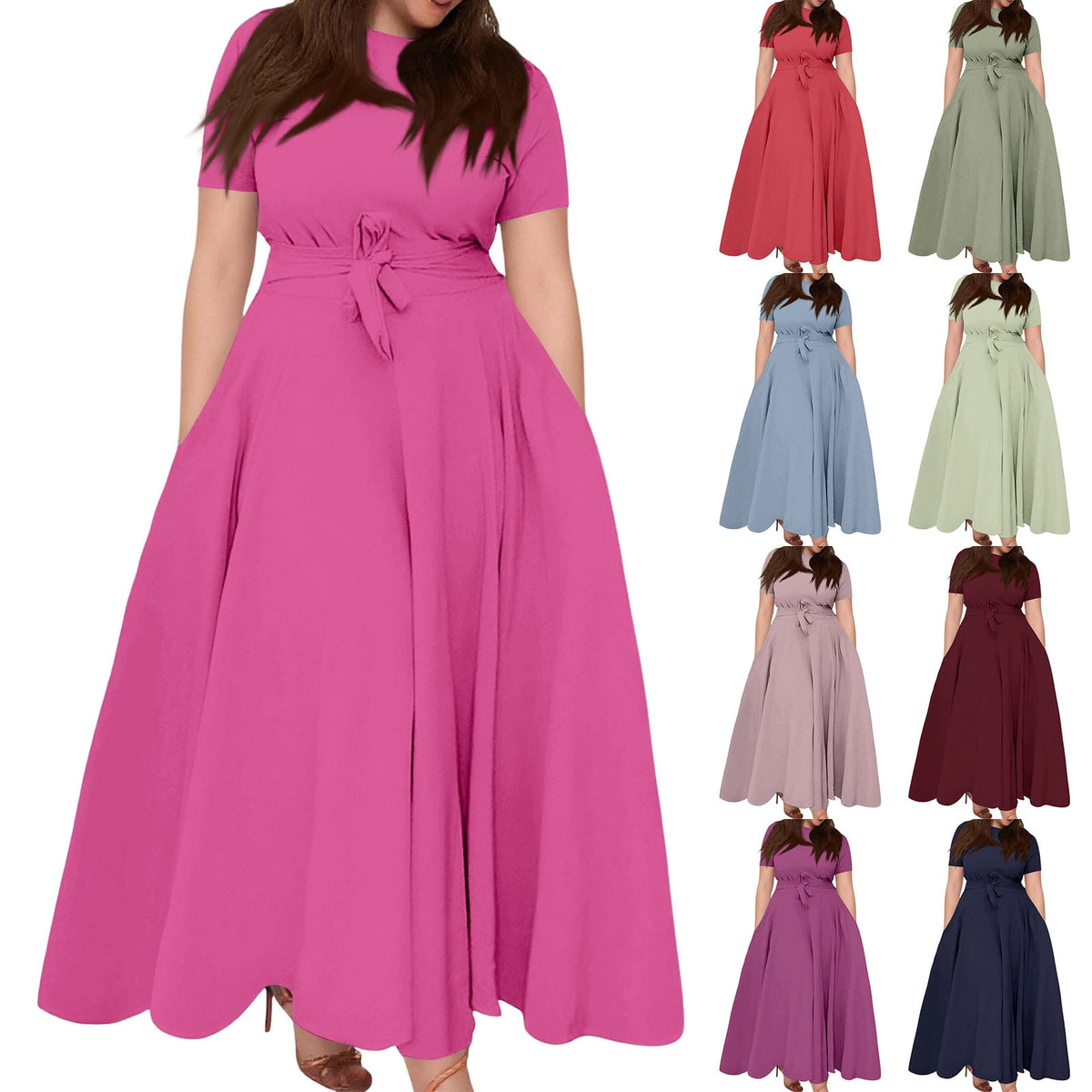 thumbnail image 1 of Laqbezok Elegant Plus Size Women's Fit and Flare Dress, Round Neck Short Sleeve Maxi Dress with Waist Tie, Comfortable Office to Party Pocket Dress, 1 of 8